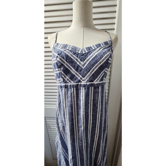 St. Tropez West 100% Linen‎ Blue Chambray Striped Maxi Dress Lined Bust Sz 6 - Picture 2 of 4